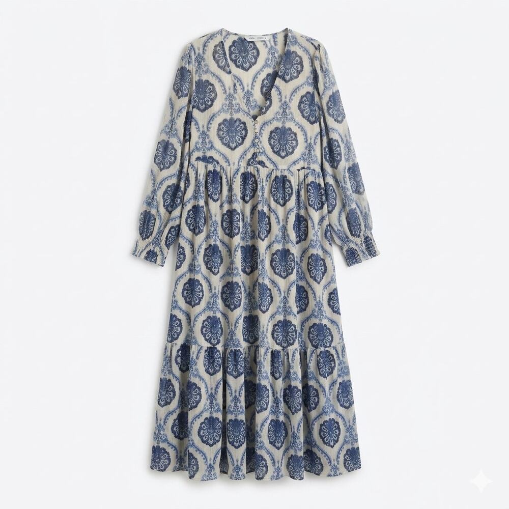 ZARA M Blue Medallion Midi Dress Boho Coastal V Neck Button Front Cottagecore